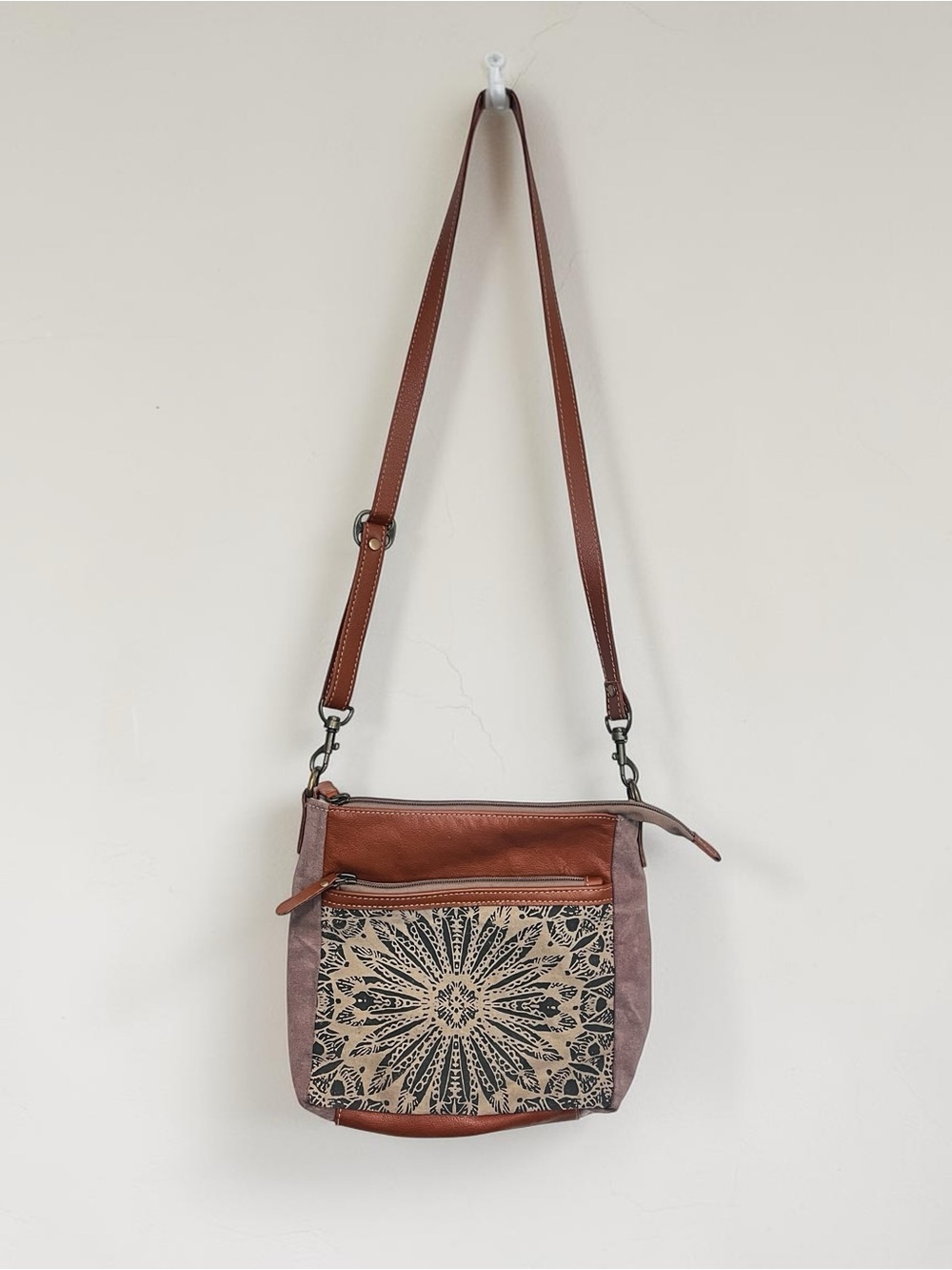 Myra Bag Upcycled Dizzy Circle Cotton Leather Canvas Crossbody